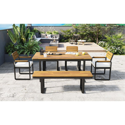 6-Piece Outdoor Dining Set, Acacia Wood, 1 Table With 4 Chairs & 1 Bench For 6-7 Person, Comfortable Cushions On Chairs, Adjustable Feet, For Patio, Garden, Backyard Dining, Beige Cushion