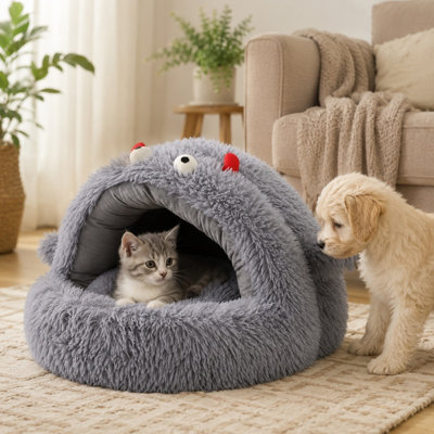 Mignon lit gigogne semi-fermé pour animaux de compagnie avec monstre à poil long mignon, nid de chat douillet pour chien chaud en hiver, cabane de couchage intérieure moelleuse et ultra douce