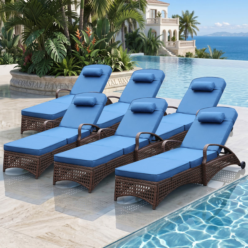 Set of 6 Outdoor Wicker Chaise Lounge Chairs with 6 Adjustable Reclining Position,Wheels,Thickened Cushion & Pillow, Blue