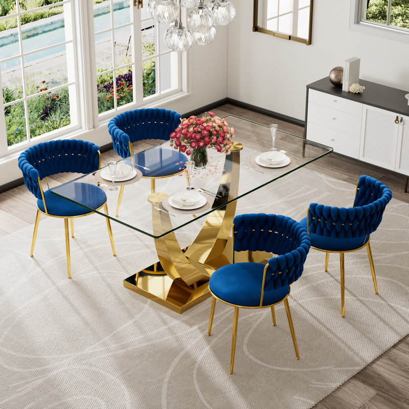 Ensemble de salle à manger à piédestal rectangulaire avec chaise de salle à manger en velours Modern Weaven, Table, 4 chaises
