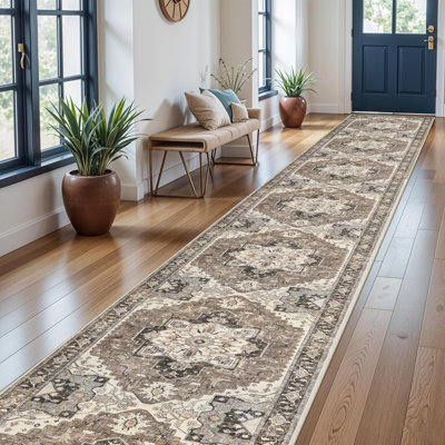 Tapis de couloir - Tapis de cuisine lavable rétro antitaches et antidérapant pour tapis de sol en caoutchouc antidérapant pour salle de bain / salon (beige)