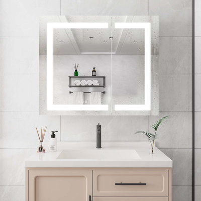 Armoire à pharmacie avec miroir de meuble-lavabo à DEL, anti-buée, encastré ou à fixation en surface, double porte, grande armoire de rangement en aluminium 3000K ~ 6000K avec interrupteur tactile