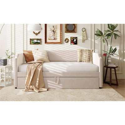 Lit de jour simple en velours rembourré avec couchette escamotable - Beige