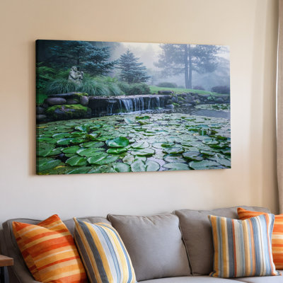 Water Lily Pond With Waterfall And Misty Evergreen Trees Decor Canvas Wall Art Print For Living Room, Bedroom, Office, Hallway, Entryway, Gallery Wall And Modern Home Decor