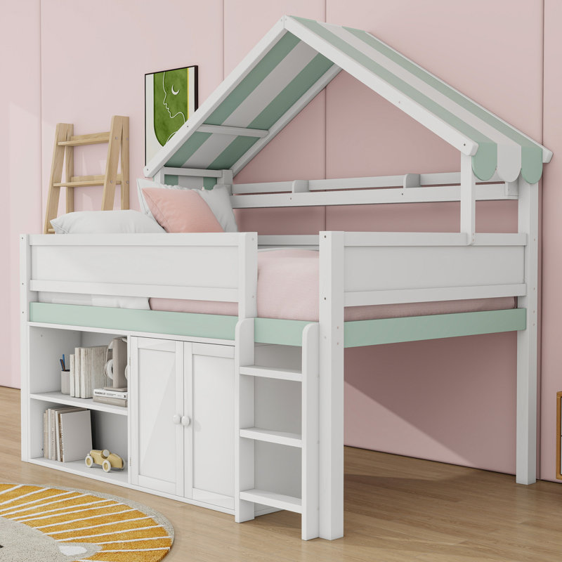 Loft Bed With Canopy Roof, Built-In Storage Cabinet And Shelves, White/Green