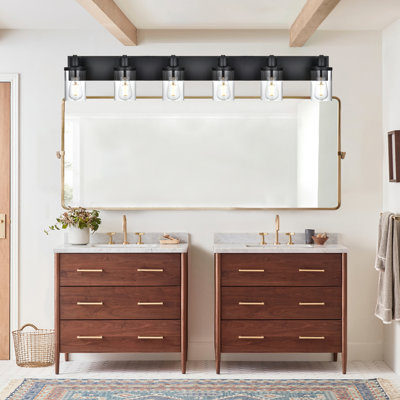 Éclairage pour meuble-lavabo noir mat 6 lumières avec abat-jour en verre transparent, applique murale industrielle à intensité variable moderne, fixation haut / bas pour miroir de salle de bain, salon, chambre à coucher