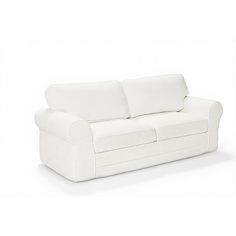 83" Modern Loveseat Sofa for Living Room with Round Arms, Piping Detail & Soft Corduroy, White