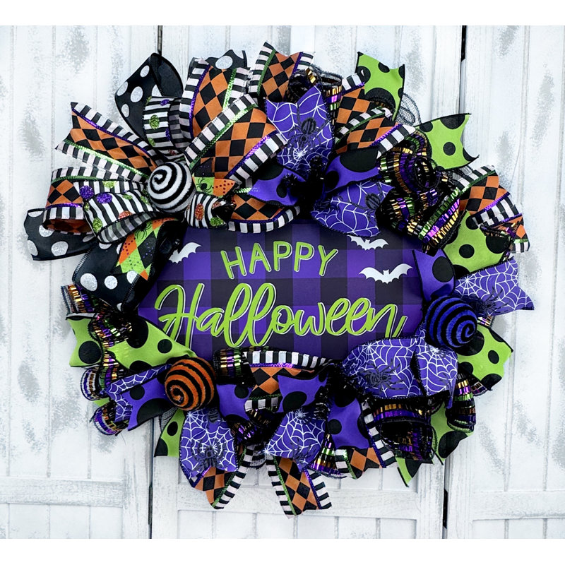 Joyeux Halloween couronne de motif de buffle vert et mauve