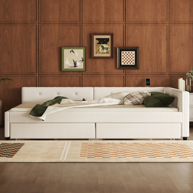 Grand lit plateforme tapissier beige avec ports USB et 2 tiroirs de rangement CALLIDORA