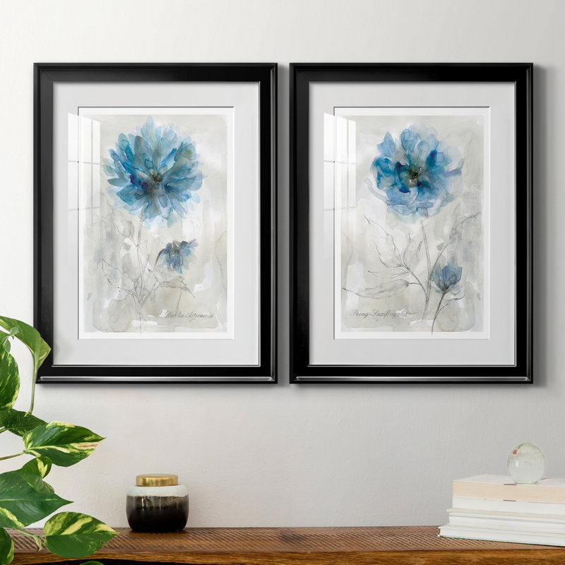 Blue Dahlia - ensemble de 2 reproductions d'art, H 18,5 po x l 49 po x P 1,5 po, Papier encadré noir, Blanc