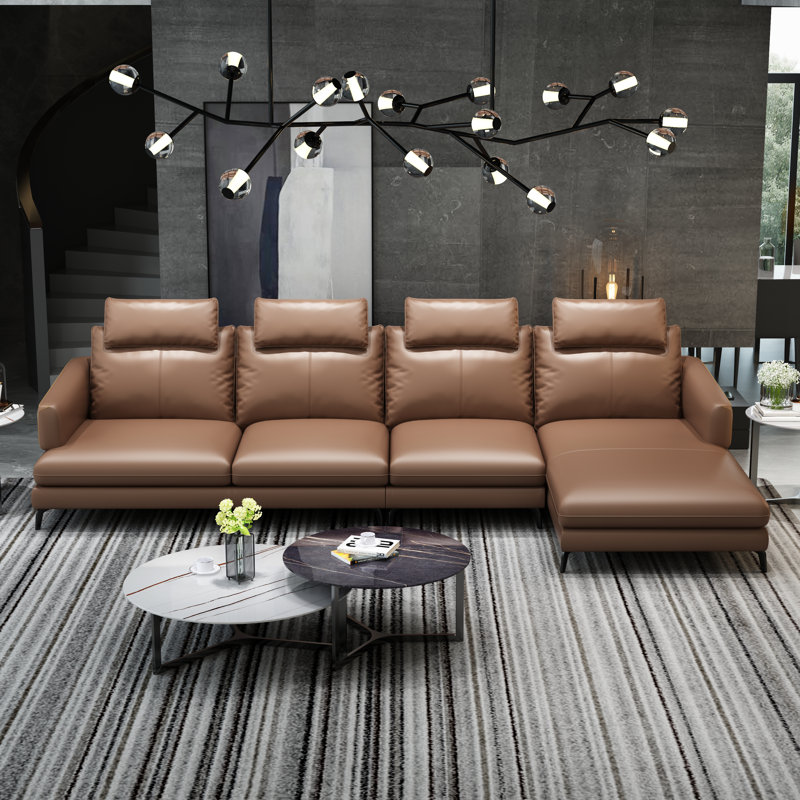 Marconi Sectional, Sand Beige Genuine Leather, Right Hand Facing