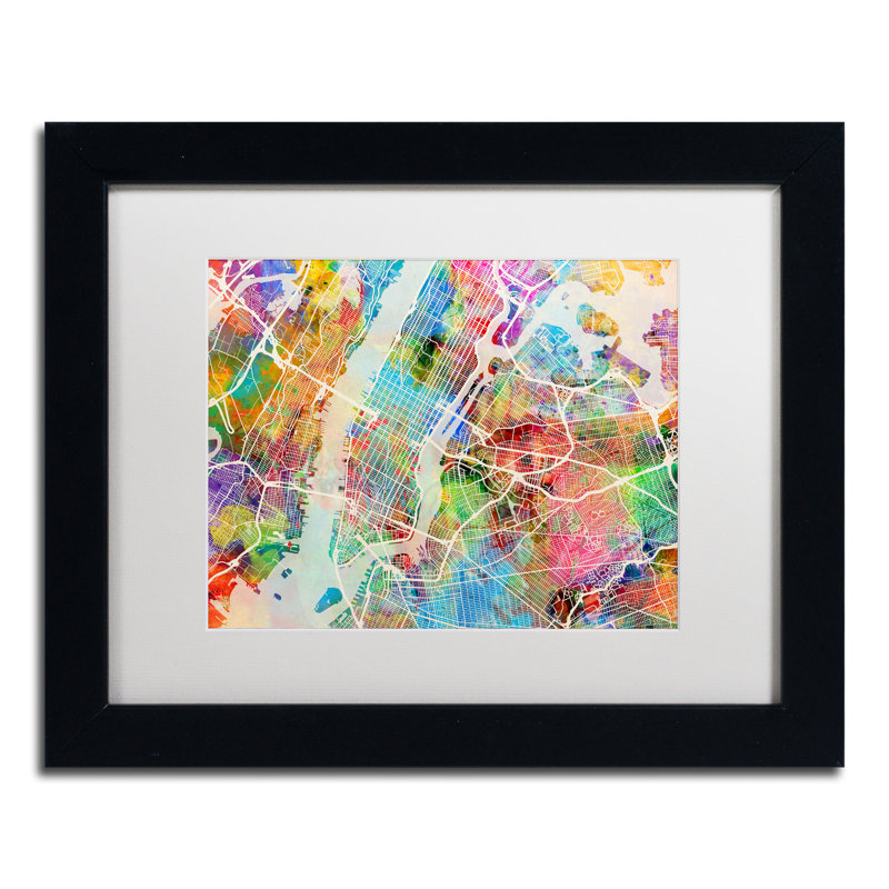 «New York City Street Map», impression, H 13 po x l 16 po x P 0,75 po, Cadre noir, Blanc