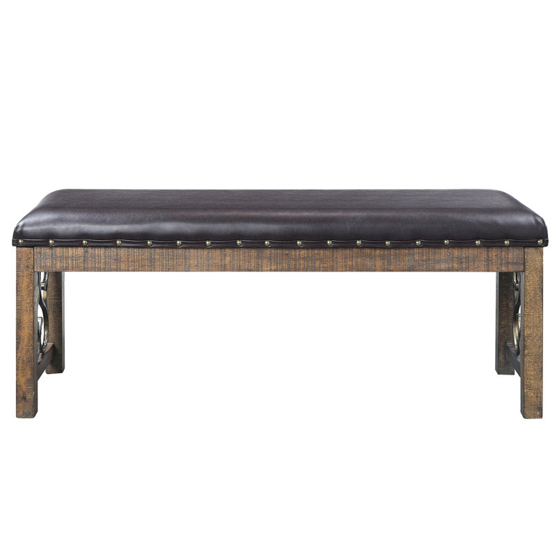 Banc de salle à manger en similicuir noir et merisier vieilli pour des espaces élégants et une finition stable.