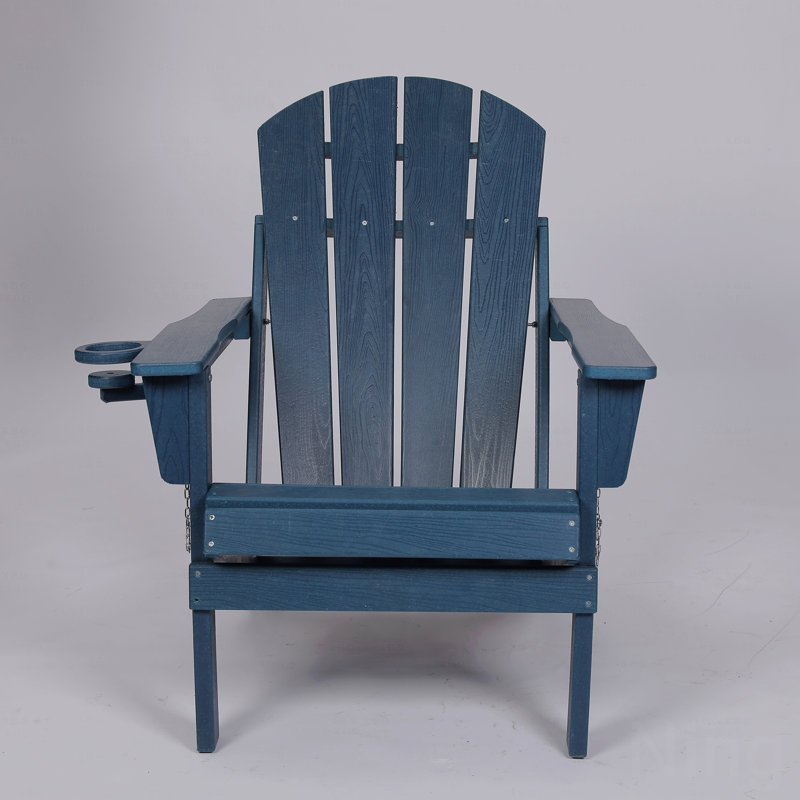 Outdoor Adirondack Chair, Foldable With Dual Cup Holder, Composite Material With Wood Texture, Navy Blue