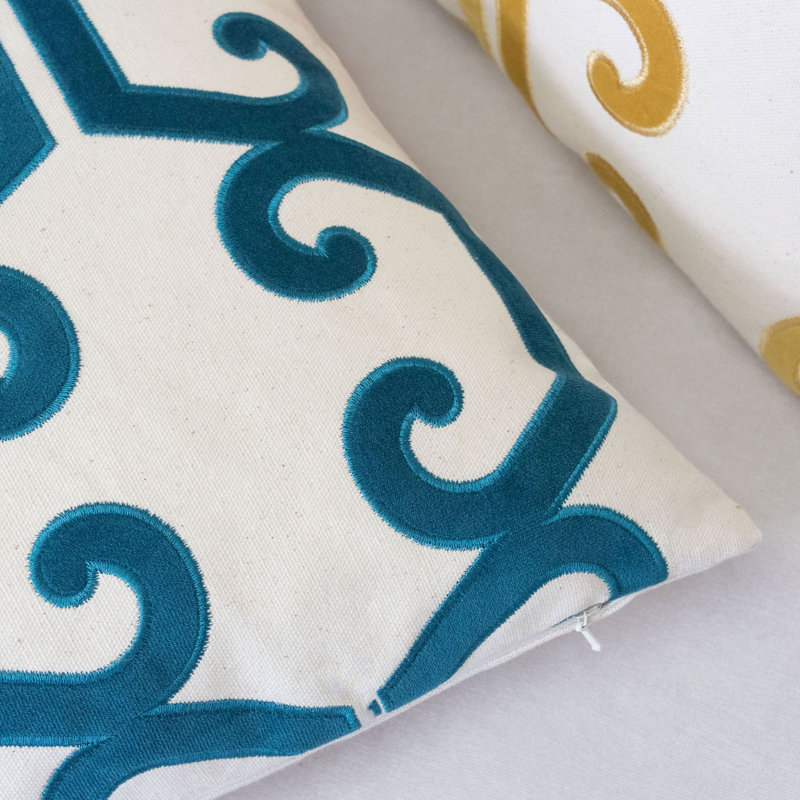 Appliqued Cotton Outdoor Throw Pillow, Cerulean