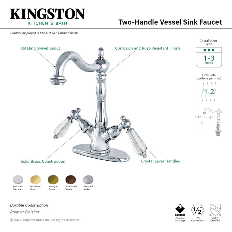 Kingston Brass Wilshire Two-Handle 1-or-3 Hole Deck Mount Vessel Faucet, Polished brass