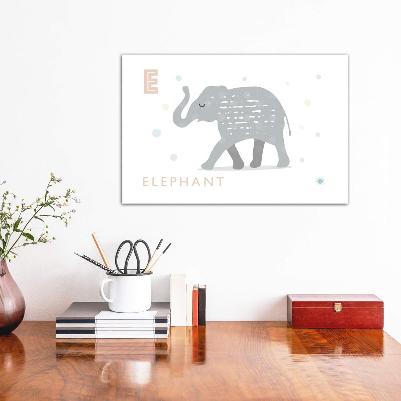 E Is for Elephant - impression d'art graphique, H 40 po x l 60 po x 1,5 po, Pas de tapis, Toile tendue