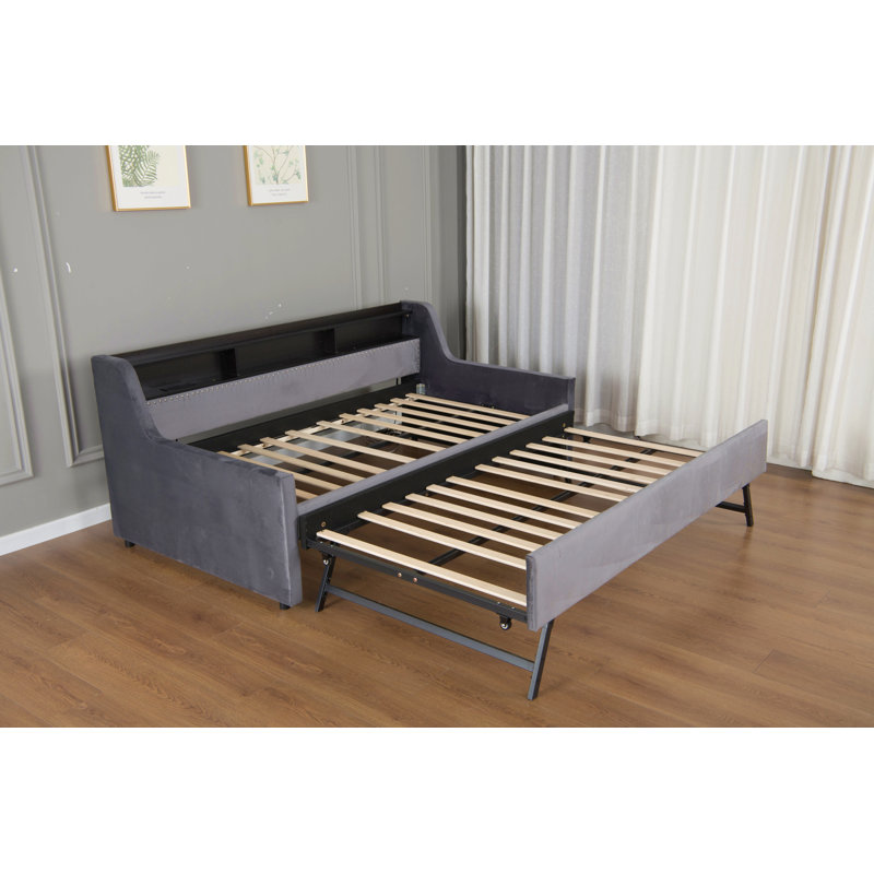 Twin Size Daybed With Trundle, Upholstery Daybed With Led Light ＆ Charging Station, Velvet Day Bed With Wood And Metal Frame