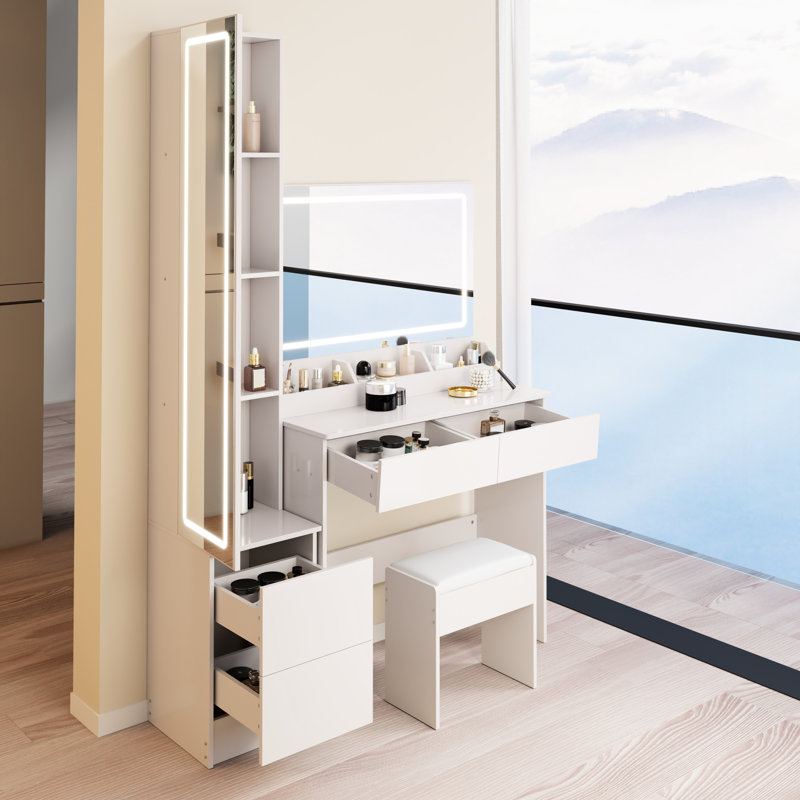 Très grande table de coiffeuse à DEL à 3 interrupteurs et luminosité réglable par commande tactile avec miroirs doubles, rangement multi-couches + tabouret rembourré pour armoire pleine grandeur, design américain, blanc