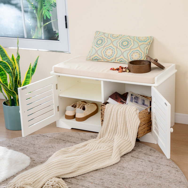 Shoe Storage Cabinet White Rack Bench With 2 Doors & Padded Seat Cushion & Organizer