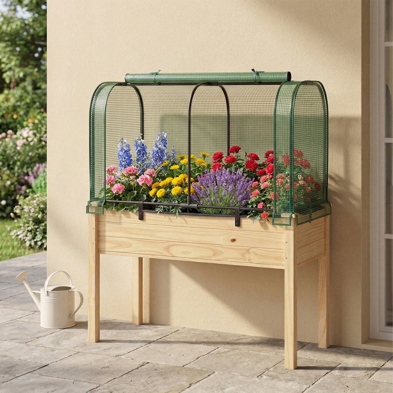 Wood Raised Garden Bed With Greenhouse Cover Mini Portable Greenhouse Kit, Green/Beige