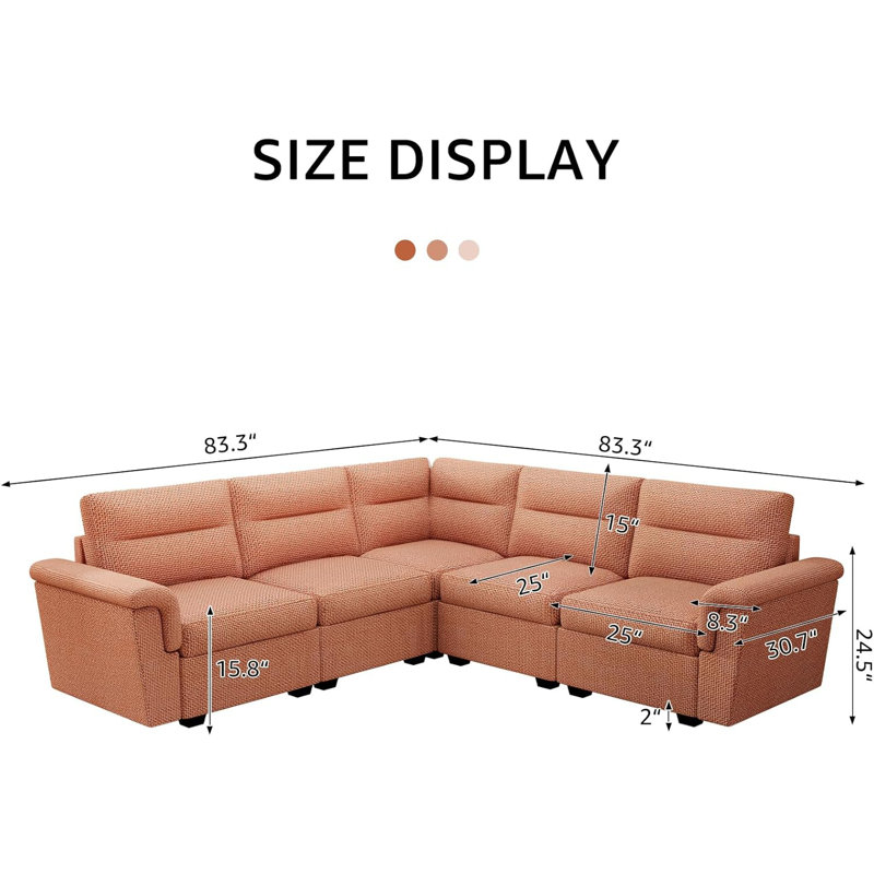 Canapé modulaire réversible 5 pièces avec rangement, Rouge brique