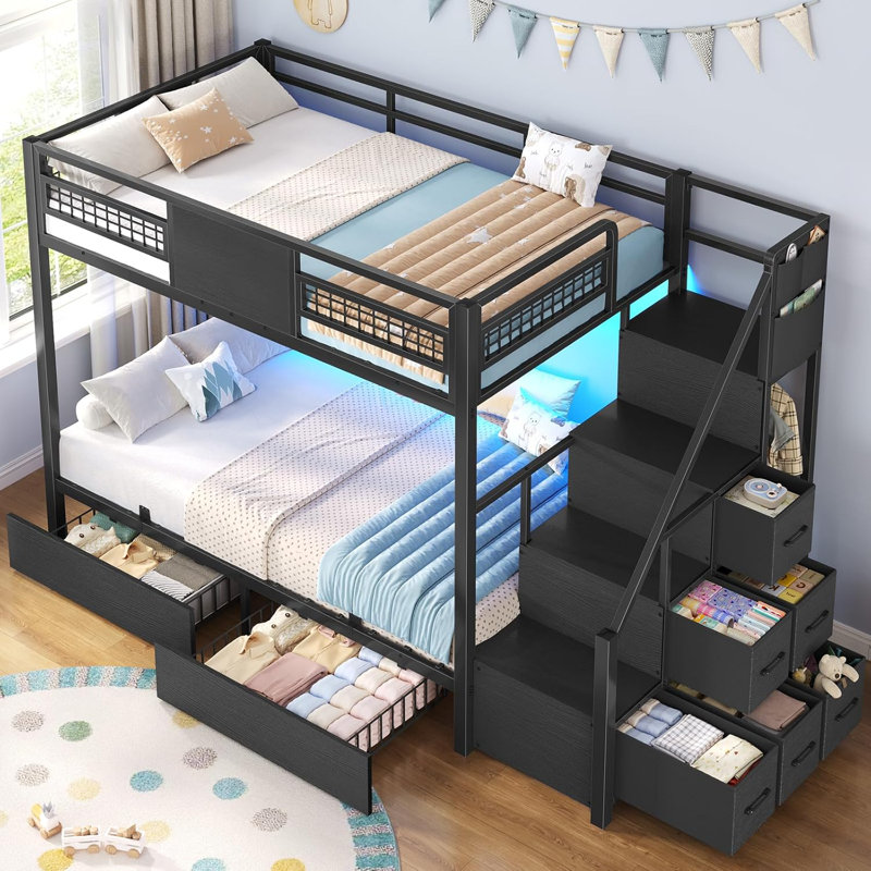 Bunk Bed Twin Over Twin With Stairs, Led Lights Twin Bunk Bed With 2 Storage Drawers & 6 Fabric Drawers, Metal Twin Loft Beds With Guardrail & Stairs, Space Saving