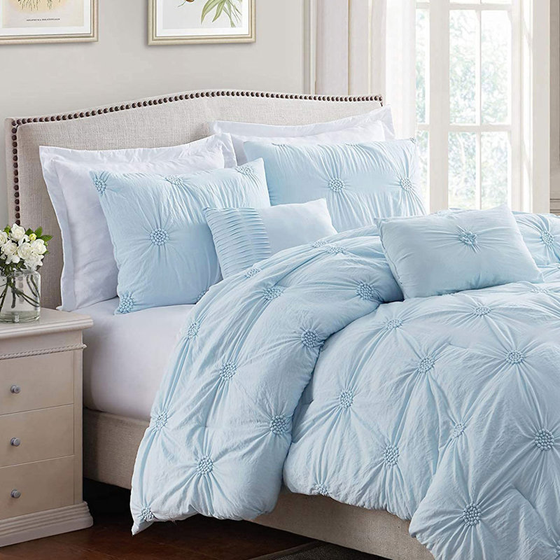 Floral Pintuck 3PC Comforter Set, Soft Microfiber, Pastel Colors, Lightweight Bedding Set, Full/Queen Comforter + 2 Shams