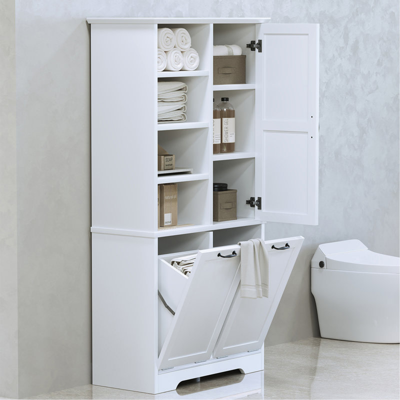 Bathroom Storage Cabinet With Doors And Drawers, Tilt-Out Laundry Hamper, Multiple Storage Space, Freestanding Style, Open Shelve, Adjustable Shelf, White