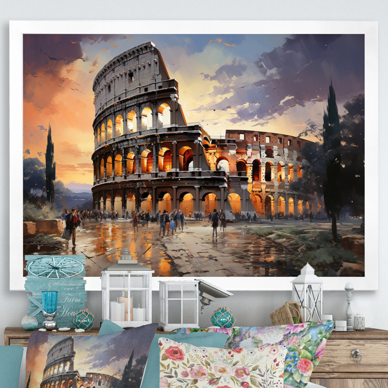 Beige, Italie, Colisée, Colosseo, sur toile, Cadre simple blanc, H 34 po x l 44 po x P 1,5 po