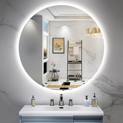 Miroir de salle de bain rond à DEL avec rétroéclairage, miroir de salle de bain anti-buée avec gradation continue, homologué ETL, étanche IP54, CRI90 +, verre trempé HD