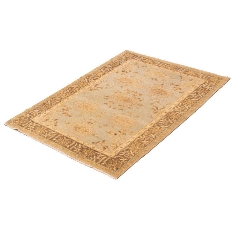 Tapis bleu clair / ivoire / gris en laine noué à la main de conception unique 4 pi x 5 pi 10 po Anatolian