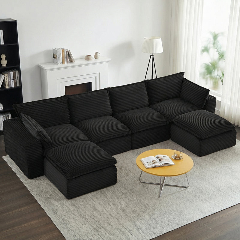 Boneless 140.5" Corduroy Sectional Compression Sofa 6 Seat Boneless Modular Deep Seat Cloud Couch With Movable Ottomans & Pillows, No Assembly Required
