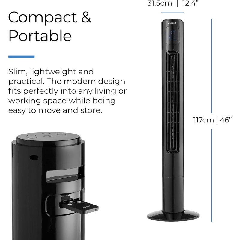 Emperial 46" Tower Fan with Remote Control - Oscillating Bladeless Cooling Fan, Portable 12 Hour Timer, 3 Modes & 3 Speeds - Black
