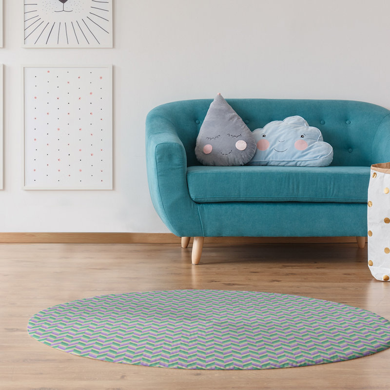 Tapis mauve/crème/vert chevrons, Rond 5 pi