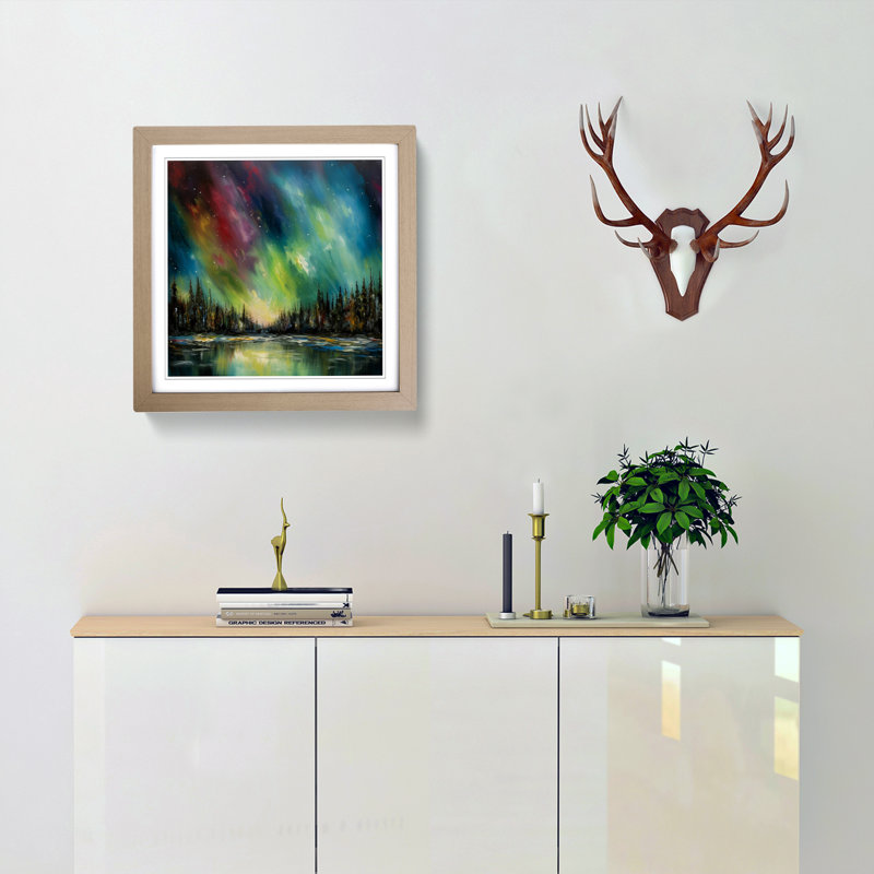 Northern Lights Impressionism - Single Picture Frame Print on Wood, Oak