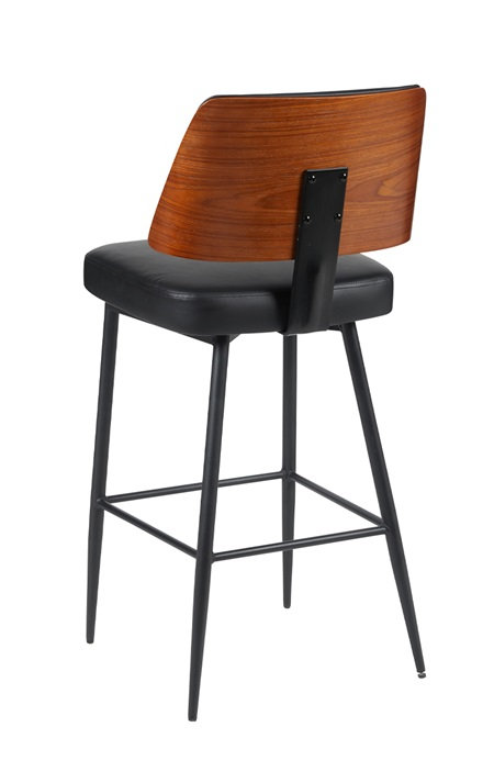 Tabouret de bar intérieur rembourré noir avec dossier extérieur en placage de noyer et structure en métal noir, Noir