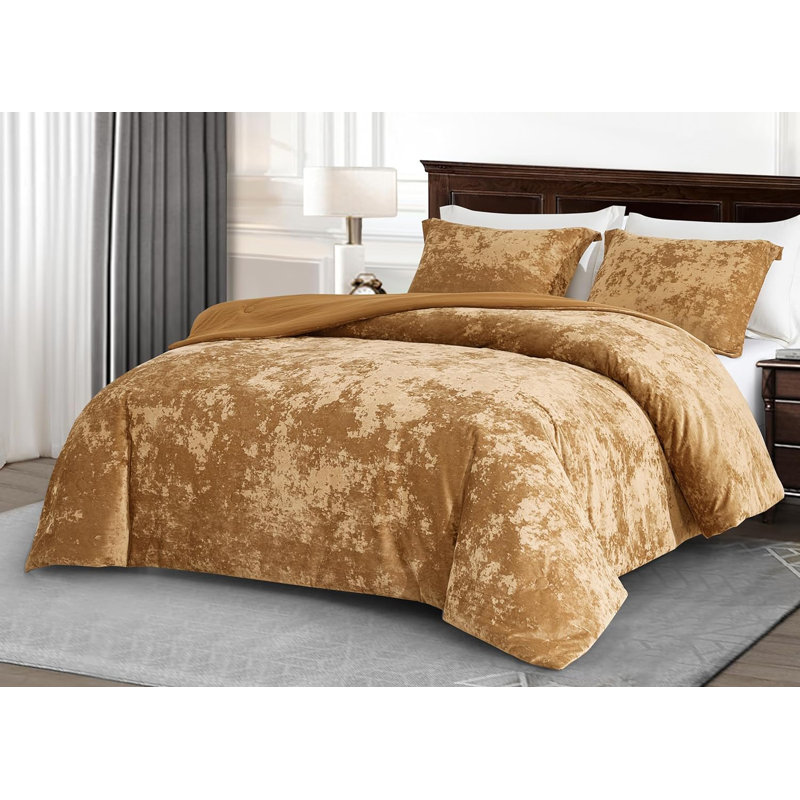 Lux Distressed Velvet Reversible Comforter Set, Queen Comforter + 2 Standard Shams, Caramel Gold