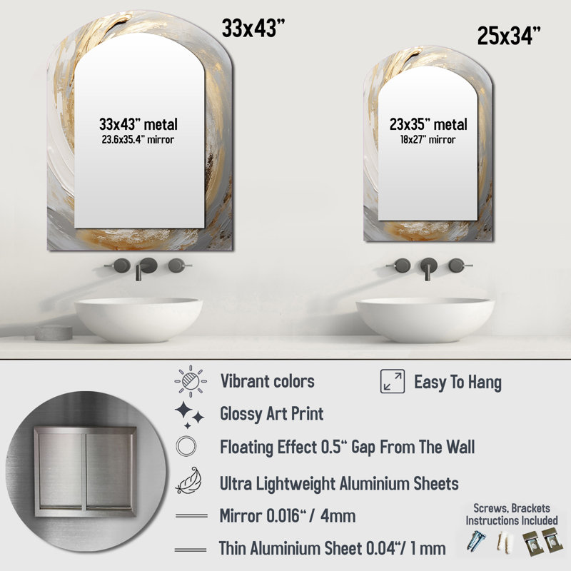 Gold And White Soft Wave Vortex III - Abstract Spirals Asymmetrical Unique Mirror, Beige Arch Large Wall Mirror, Printed Metal Art