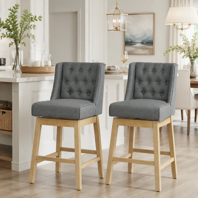 Ensemble de 2 tabourets de bar à hauteur de bar pivotant à 180 degrés, siège de 30 po de hauteur avec repose-pieds en bois massif et capitonnage à boutons, gris