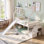 Lit superposé simple au-dessus de simple avec glissière convertible et escalier de rangement, structure en bois massif avec barrières de sécurité pour chambre d'enfant