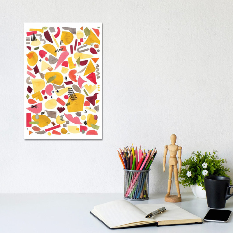 Geometric Pieces Red Yellow by Ninola Design - Wrapped Canvas Painting, 20.32 cm H x 30.48 cm W