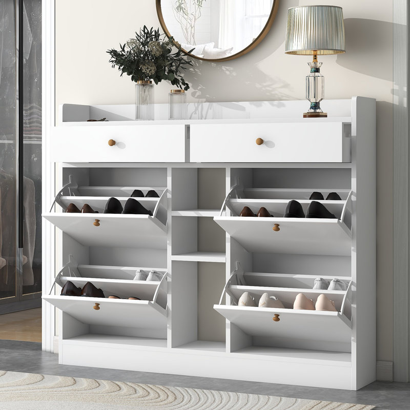 Modern Tipping Bucket Shoe Cabinet With 4 Flip Drawers, Multifunctional 2-Tier Shoe Storage Organizer With Drawers, Free Standing Shoe Rack For Entrance Hallway.