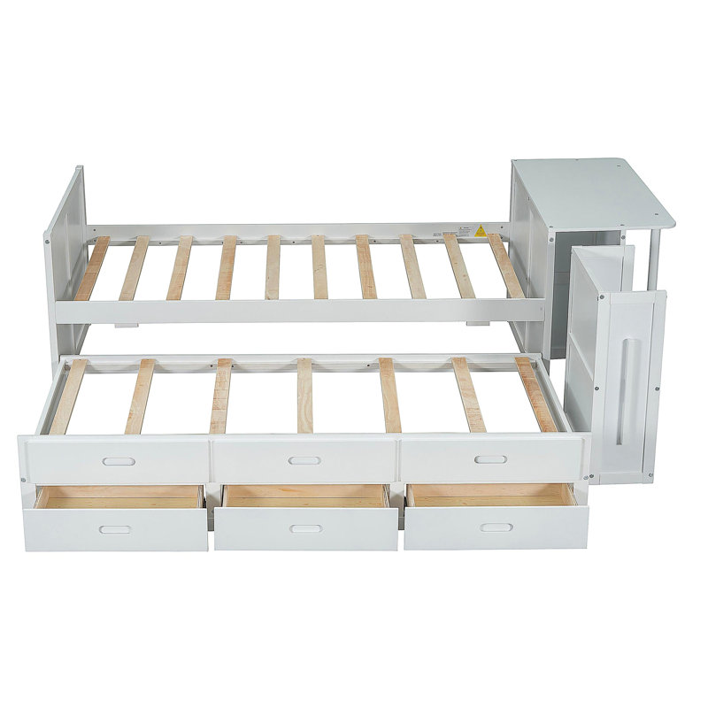 Lit plateforme double en bois avec tête de lit et tablette de rangement au pied de lit, lit intégré sous le lit et 3 tiroirs