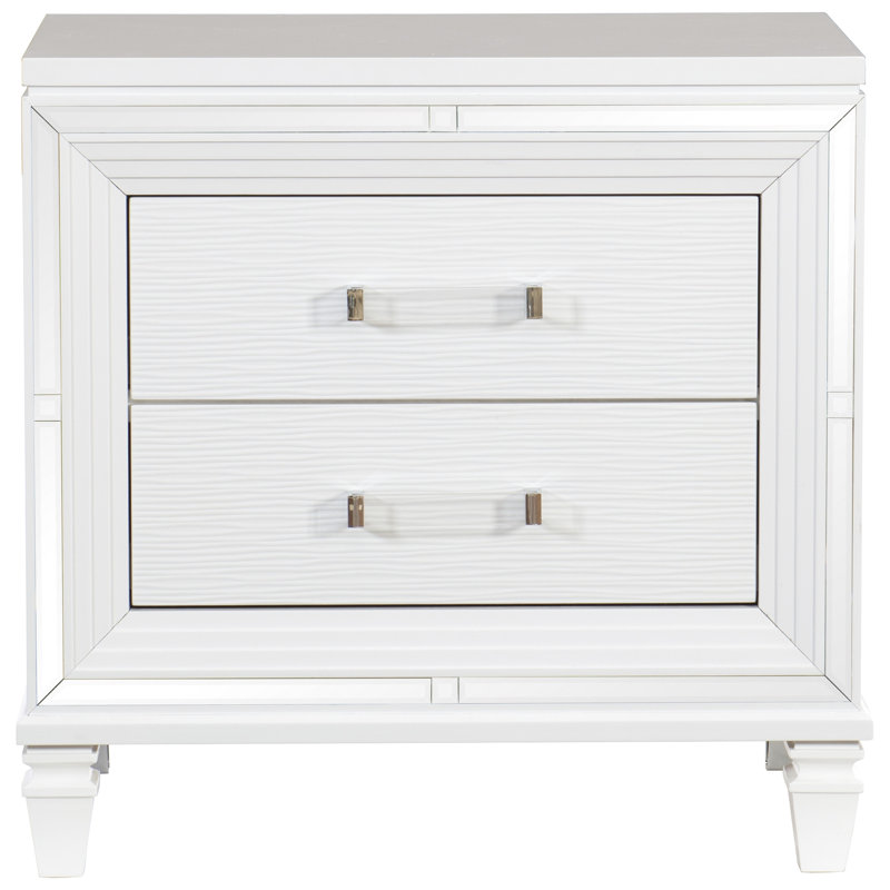 Table de chevet glamour avec 2 tiroirs et cadre texturé en miroir blanc, Blanc