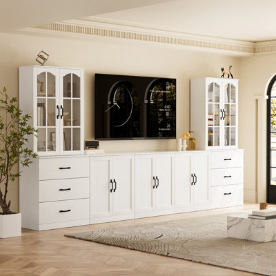 Modern Entertainment Center With 3 Tiers Bookshelf For Tvs Up To 70", Farmhouse TV Stand With 3 Storage Cabinets