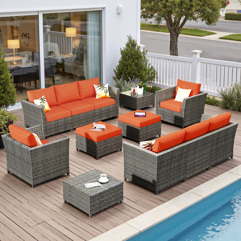 Ensemble de conversation modulaire en rotin avec coussins 8 pièces Darihanna, Orange-rouge