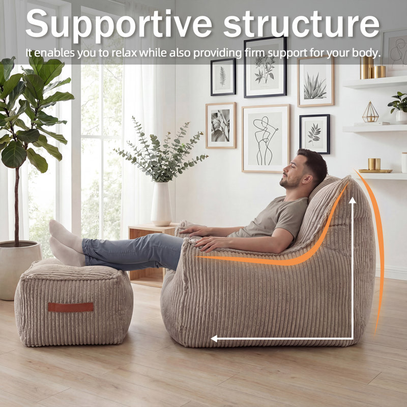 Large Corduroy Bean Bag with Footstool Grey