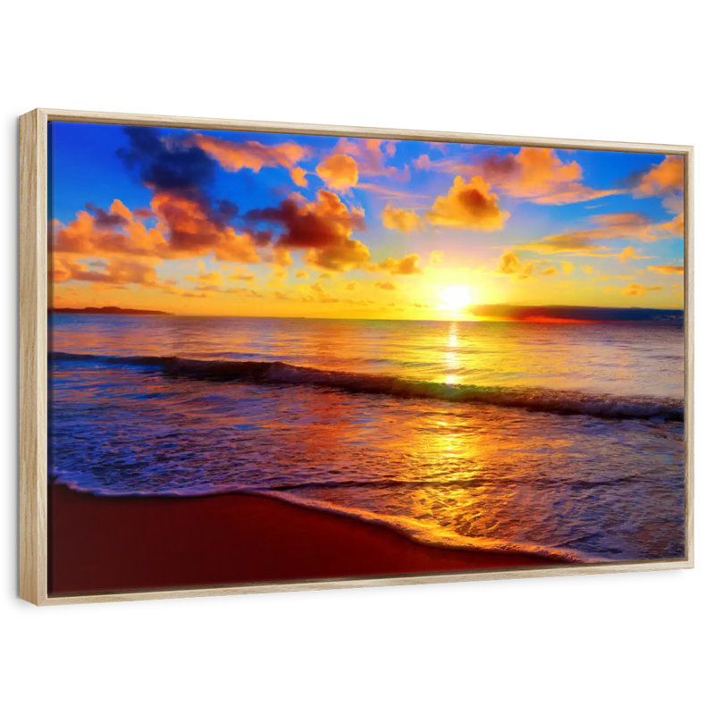 Coucher de soleil méditatif sur Aurelus, H 27 po x l 40 po, Cadre flottant en bois naturel