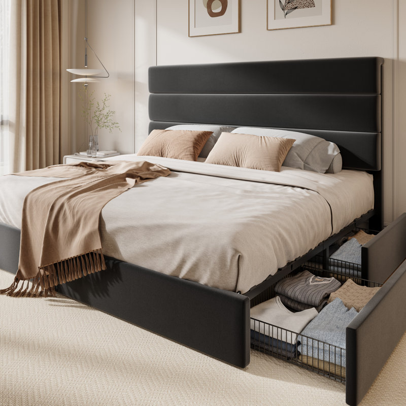 Modern Platform Bed Frame With 4 Storage Drawers And Velvet Upholstered Headboard, King, Black